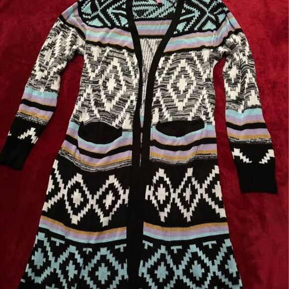 Juniors Girls Aztec Print Knit Sweater Duster Cardigan - Picture 1 of 8